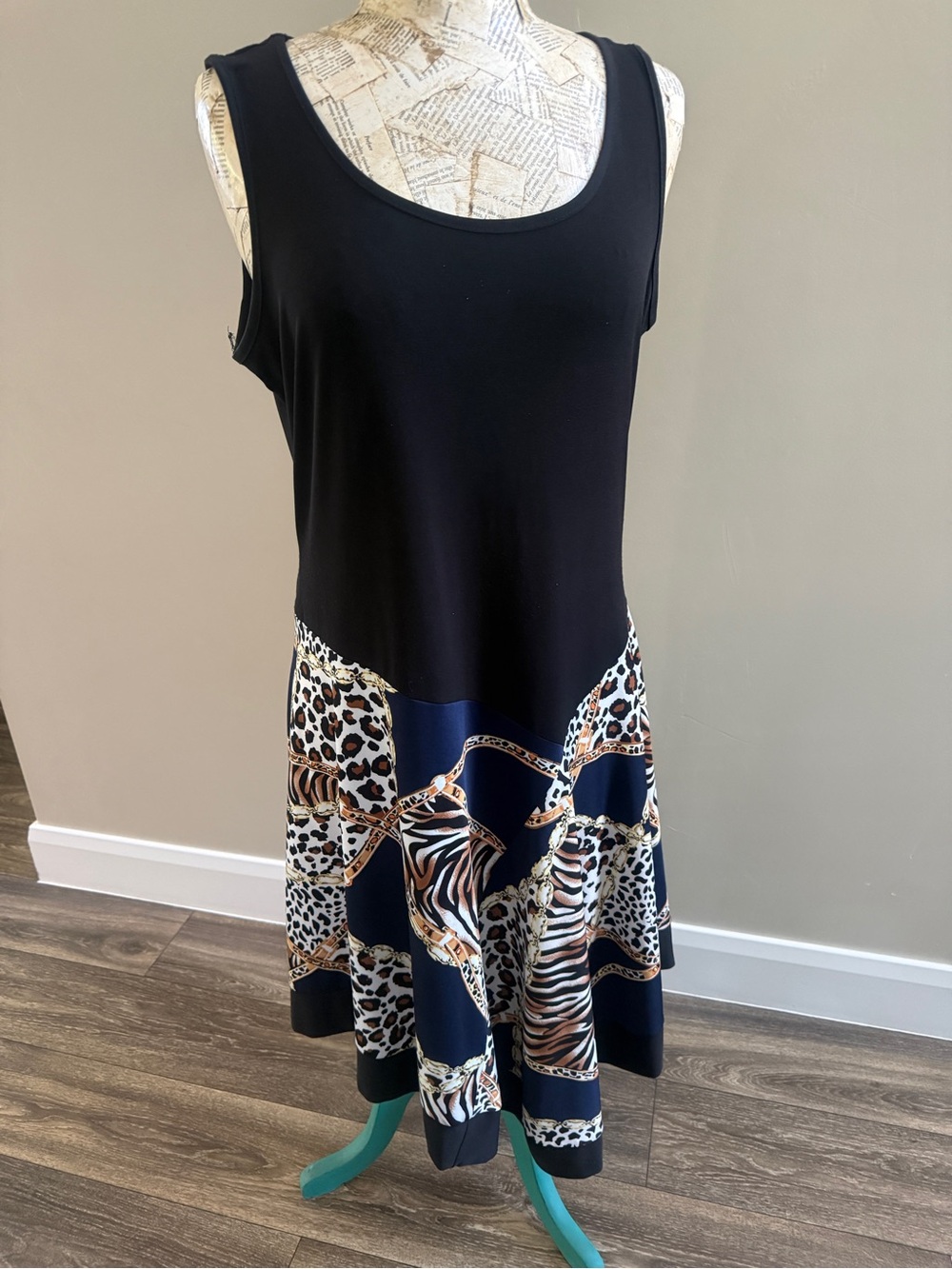 Source Unknown Black Tank Dress with Animal Print & Navy Panels